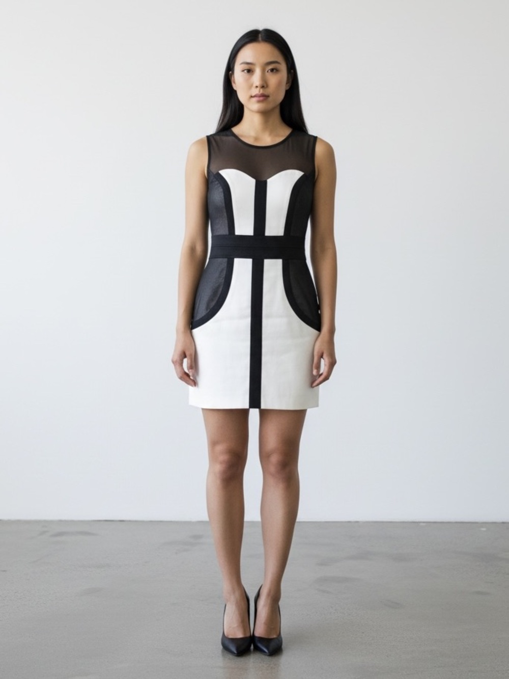 BLACK WHITE Color Block Dress Size S Sheer Details Perfect For Business Cocktail